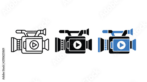 Professional video camera icons set, digital movie camera vector illustrations in outline and solid styles, cinema production equipment symbols
