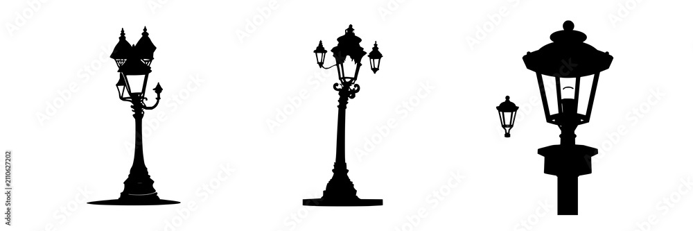 Obraz premium Victorian street lamp silhouette set with high contrast solid black design featuring old-fashioned urban symbol on white background