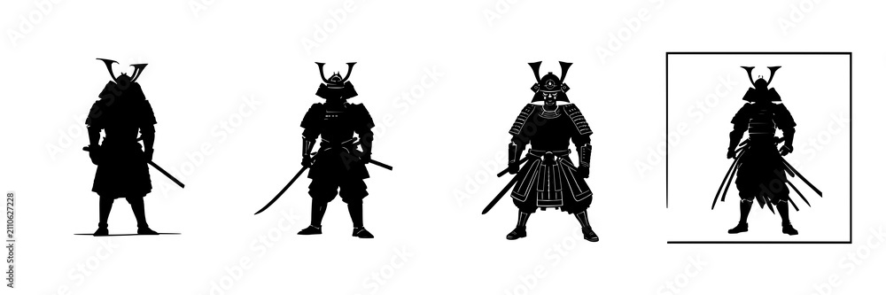 Fototapeta premium Samurai silhouette set with clean black outline of warrior in ceremonial armor featuring bushido theme with sharp edges and isolated on white