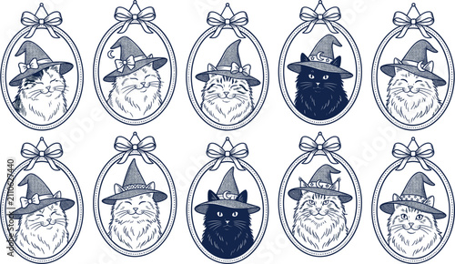 Photos Cute Halloween Witch Cats Vector Icon Set Featuring Whimsical Felines with Point
