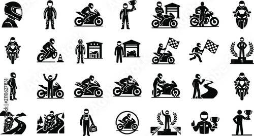 Konstfotografi Motorcycle racing silhouette icons set with motorbike racers helmets checkered f