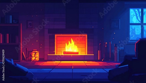 Cozy living room with fireplace.