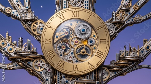 Intricate clockwork mechanism featuring a central golden watch face surrounded by sprawling metallic cityscape branches and precision gears against a purple sky.