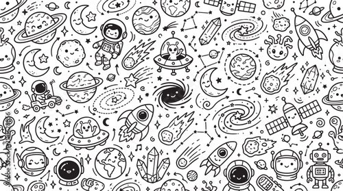 Hand drawn space doodle seamless pattern, cute astronaut and alien galaxy background vector, black and white cosmic universe wallpaper for kids