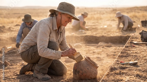 Archaeologists meticulously excavate ancient pottery fragments at a historical dig site, uncovering remnants of past civilizations