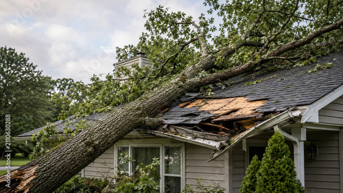 Massive fallen oak tree crushes a suburban house roof after a severe storm, exposing broken shingles and plywood—ideal for home insurance and property damage concepts.