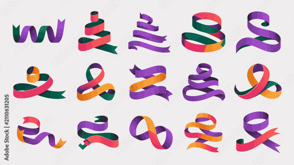 Obraz premium Set of abstract decorative ribbon swirls and curling holiday gift wrap elements in colorful flat style with decorative