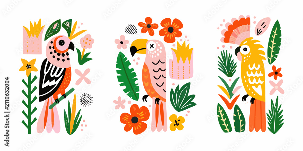 Naklejka premium Tropical parrots and foliage colorful vector illustration on white background