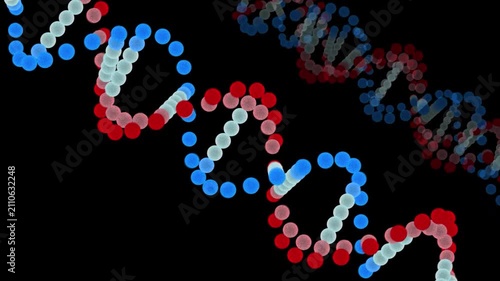 Futuristic genetic vibrant red,blue, white dotted motion on DNA double  graphic motion, interface HUD created from glowing particles on a dark background. 4K video.