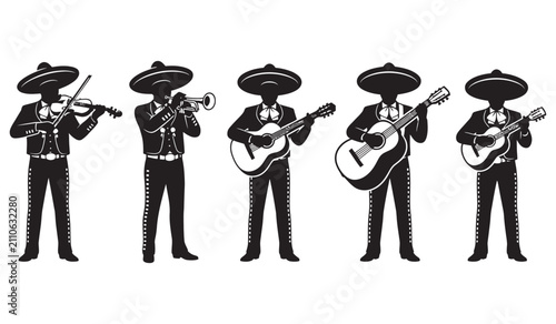 Mariachi Musicians Playing Traditional Instruments Black Silhouette Isolated on White