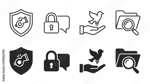 Whistleblower protection and investigative icons with whistleblower security protection investigation confidentialit