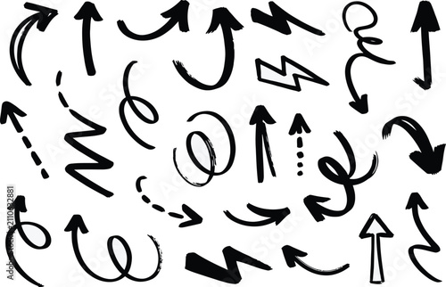 Hand drawn arrow set, collection of doodle arrows, sketch style vector elements