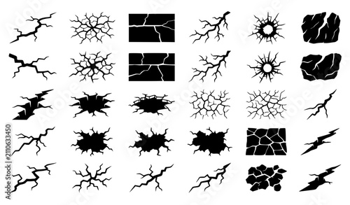 фотографія Crack and Broken Ground Silhouette Vector Set with Destruction Holes and Lightni