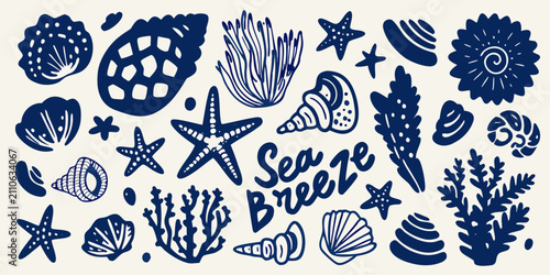 Obraz na płótnie Nautical Shells And Starfish Vector Illustration Blue Tones