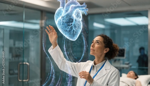 Compassionate doctor interacting with a holographic digital heart projection in a modern clinic, symbolizing advanced healthcare technology and innovation.