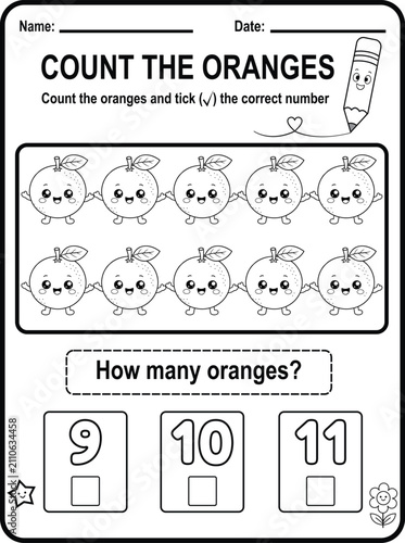 Printable worksheet designed to strengthen counting skills using ten adorable oranges. Perfect for preschool, kindergarten and homeschool educational activities.
