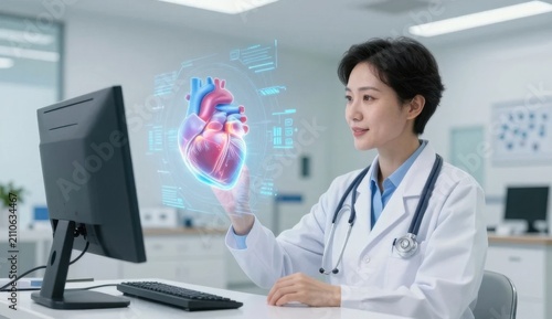Compassionate doctor interacting with a holographic digital heart projection in a modern clinic, symbolizing advanced healthcare technology and innovation.