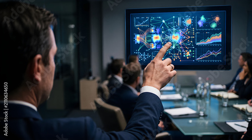 Business leader pointing at a complex data visualization on a large screen during a meeting, showcasing analytics, ai, and technological innovation, with blurred attendees in a