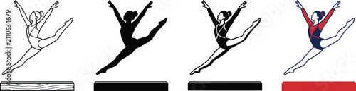 Foto Female gymnast performing dynamic split leap on balance beam vector set in outli