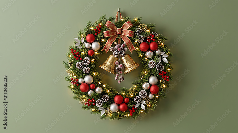 Obraz premium Ornate christmas wreath with bows golden bells red and silver baubles on sage green background christmas ornament decoration seasonal evergreen