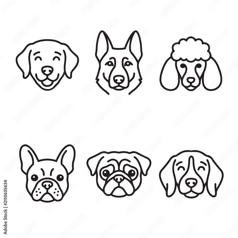 Fototapeta premium Set of six cute dog breed head linear icons with collection labrador shepherd domestic minimalist