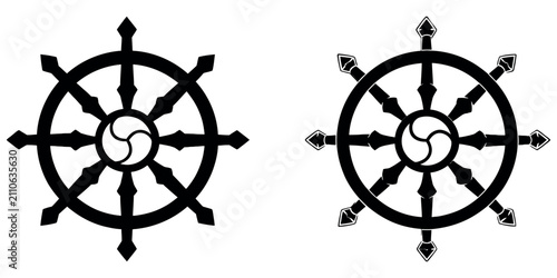 Tableau sur toile Black and white dharma wheel symbols representing spiritual enlightenment and buddhist philosophy