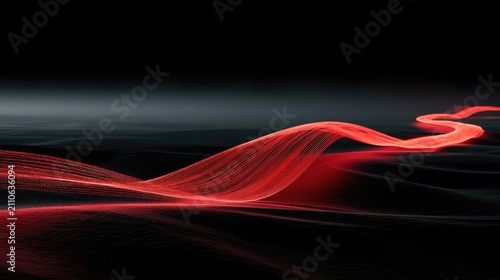 Abstract Red Flowing Light Wave on Dark Background.