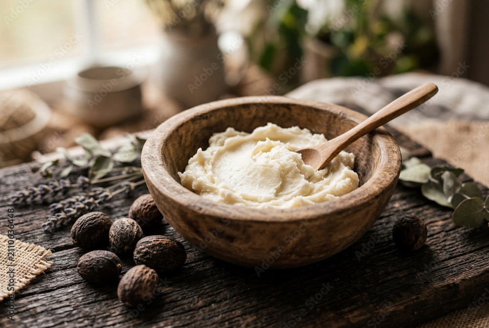 Fototapeta premium Wooden bowl filled with creamy shea butter and a wooden spoon