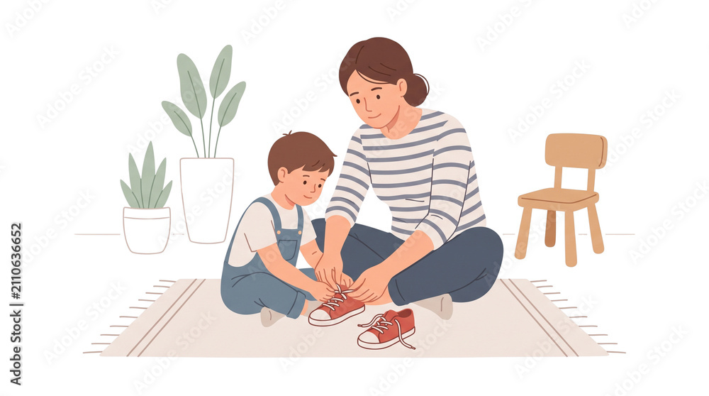 Fototapeta premium Mother helping her son tie his shoelaces at home.