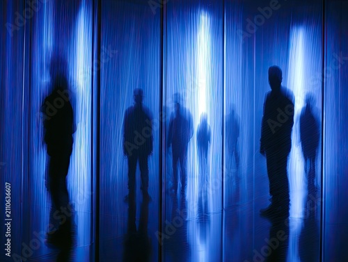 Silhouettes of people in a blue abstract light tunnel.