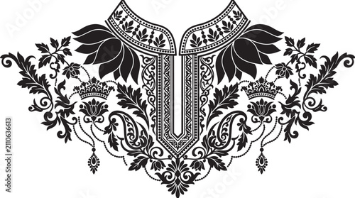 Bild auf Leinwand Traditional neckline embroidery pattern vector, ethnic floral collar design for