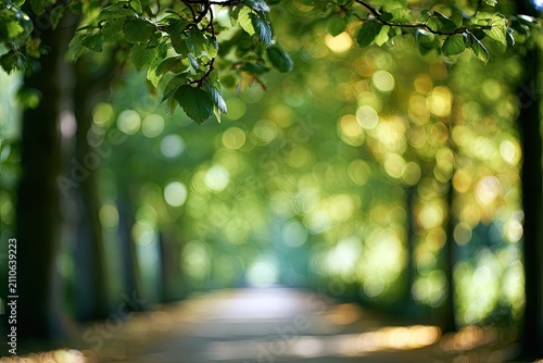 Sunlit Pathway Through Lush Green Forest Trees in Summer.
