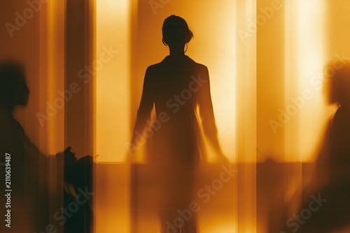 Silhouette of a Woman on a Fashion Runway Under Warm Lights.