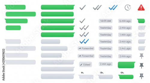 Canvas Print Whatsapp messaging app UI UX interface components featuring green chat bubbles, read receipt checkmarks, status icons, time stamps, forwarded labels, pin icons, and message reply arrows mockup