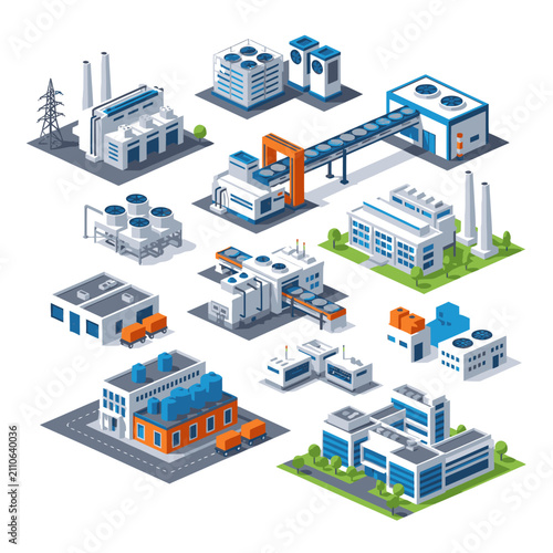 Isometric Industrial Factory Buildings and Complexes Illustration.