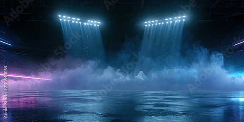 Dramatic stadium lights illuminate a smoky, reflective arena floor with neon accents.