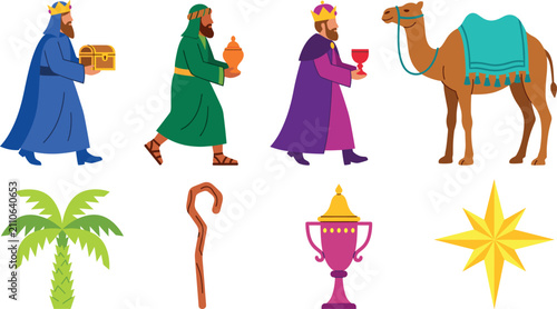 Billede på lærred Christmas Nativity Epiphany Vector Icon Set with Three Wise Men Kings, Desert Ca