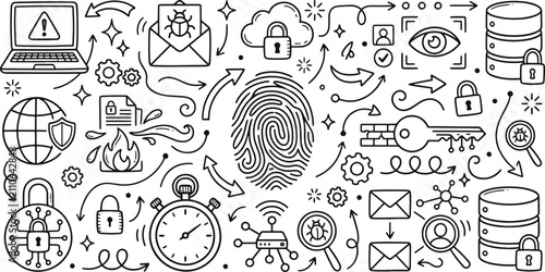Tableau sur toile Set of cybersecurity and internet data protection hand drawn doodle icons with c