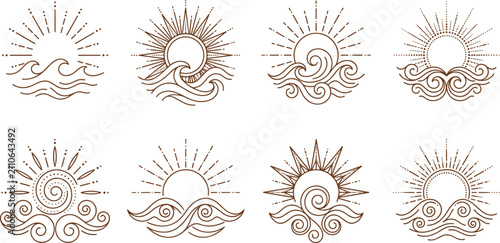 Obraz na plátne Collection of minimalist boho line art sun and ocean wave vector icons for summe