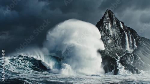 Powerful ocean waves crashing near mountain under lightning storm.
