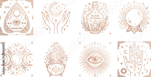 Bild auf Leinwand Collection of mystical boho esoteric line art vector icons featuring magic cryst