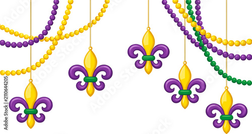 Canvas Print Festive Mardi Gras hanging decorations with purple green gold beads and fleur de