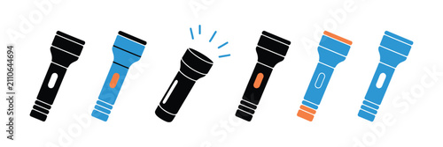 Flashlight Beam icons featuring handheld torch light designs in flat and outline vector styles for illumination, camping, safety, and utility graphics.