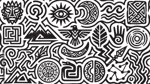 Tribal ethnic seamless pattern vector, black and white indigenous symbols background, ancient mystic signs and spiritual icons texture