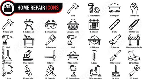 Home repair workshop tool line icon collection presenting carpentry maintenance construction equipment drills saws screwdrivers and renovation instruments