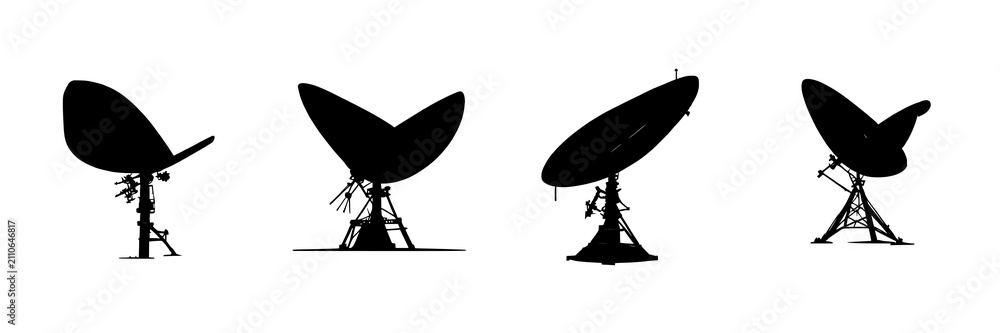 Obraz premium Satellite dish array silhouette set with geometric sharp profile featuring global data connectivity theme with solid black and white background