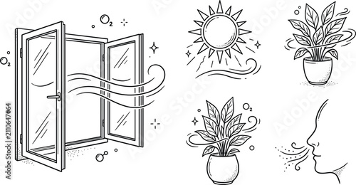 Fotografie Fresh Air Ventilation and Room Oxygenation Icon Set Featuring Open Window Sun Br