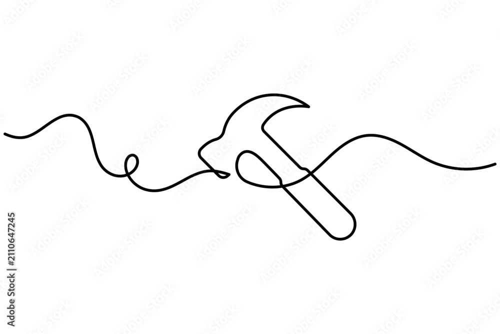 Obraz premium Hammer continuous one line art featuring a hammer drawn in a single continuous line. Clean modern outline vector illustration with a minimalist linear style
