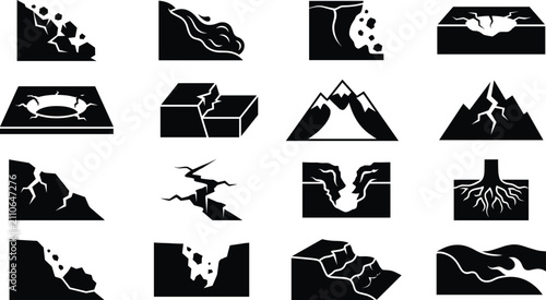 Bild auf Leinwand Geological Disaster Flat Vector Collection with Earthquake Landslide Ground Crac