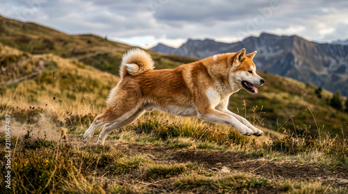 Akita Dog Running Through Mountain Grassland, Dynamic Action Shot with Mountain Backdrop